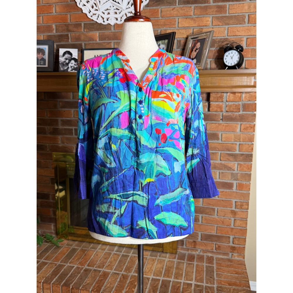 Claire Desjardins Blouse Womens Blue Multi Abstract Floral Rayon Top Size M